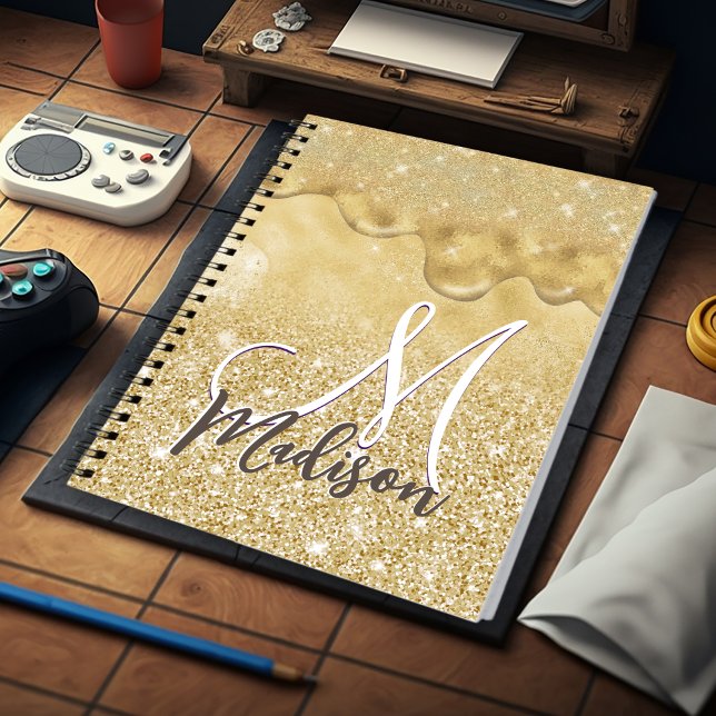 Caderno Espiral Glitter dourado-branco goteja monograma (Criador carregado)
