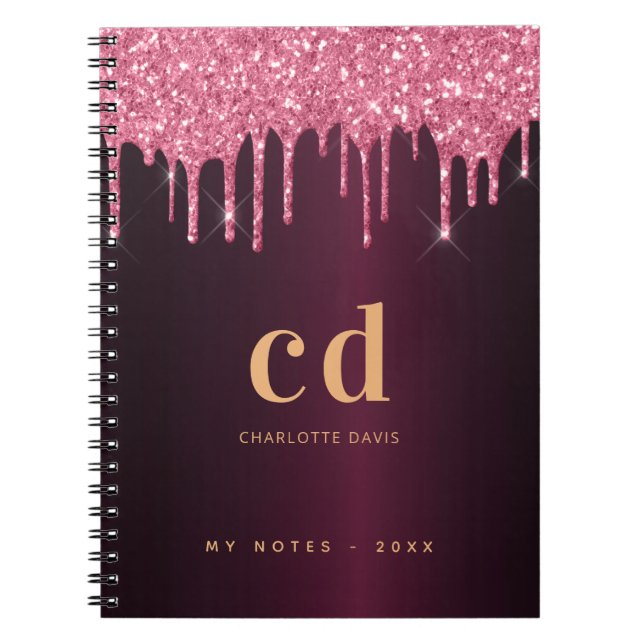 Caderno Espiral Glitter dourado cor-de-rosa borrifado goteja nome  (Frente)
