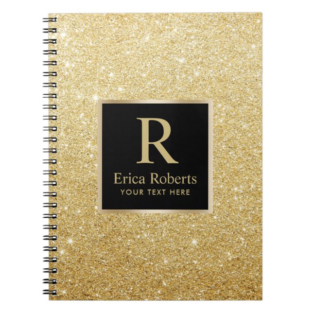 Caderno Espiral Glitter Dourado de Faux Moderno Dourado do Monogra (Frente)