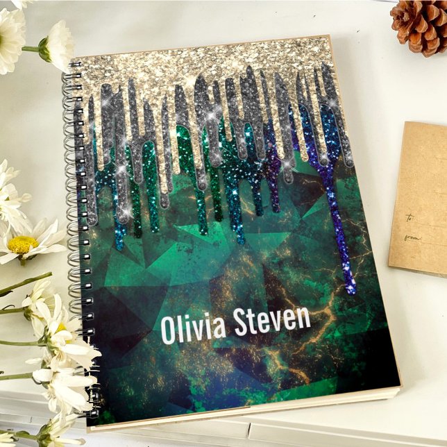 Caderno Espiral Glitter dourado de turquesa verde-chic gota a mono (Criador carregado)