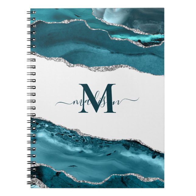 Caderno Espiral Glitter Dourado Elegante De Geodo Teal Monograma (Frente)