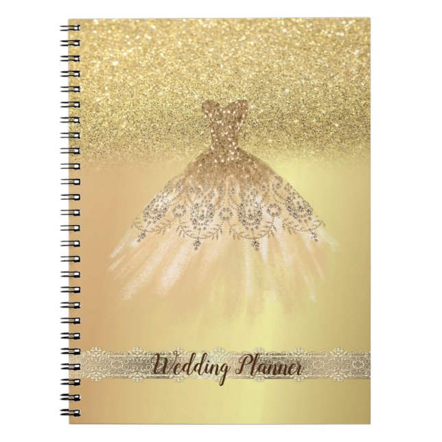 Caderno Espiral Glitter Dourado Elegante, Vestido, Lace (Frente)