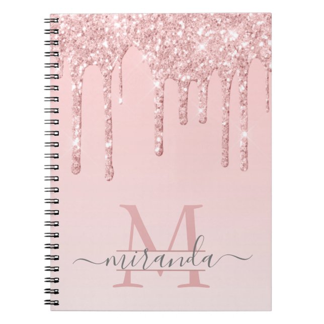 Caderno Espiral Glitter Dourado Girly Rosa Monograma Glitter (Frente)