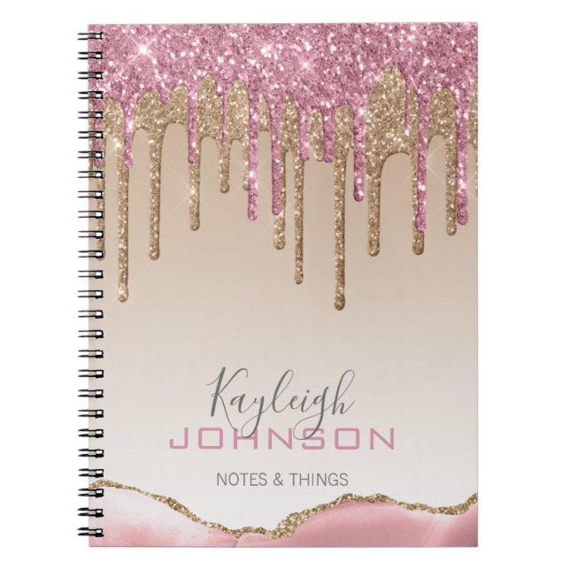 Caderno Espiral Glitter Dourado Girly Rosa Monograma Glitter (Frente)