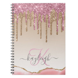 Caderno Espiral Glitter Dourado Girly Rosa Monograma Glitter