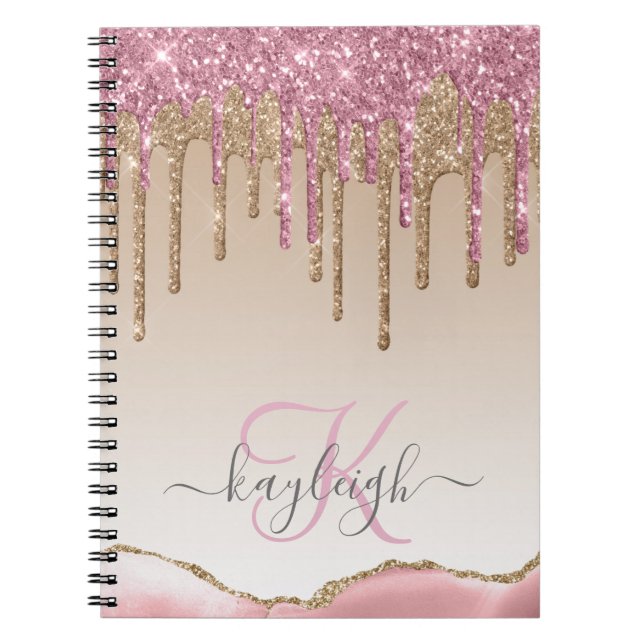 Caderno Espiral Glitter Dourado Girly Rosa Monograma Glitter (Frente)