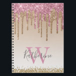 Caderno Espiral Glitter Dourado Girly Rosa Monograma Glitter<br><div class="desc">O brilho rosa ouro moderno e feminino pingava no notebook espiral em espiral de fundo ombre branco e dourado. Este design apresenta ouro rosa-claro-claro e ouro-branco-escuro e brilho amarelo-escuro brilho brilhante sobre o fundo branco-dourado e marrom com nome e modelo de texto monograma. Na borda do confete dourado. Um presente...</div>