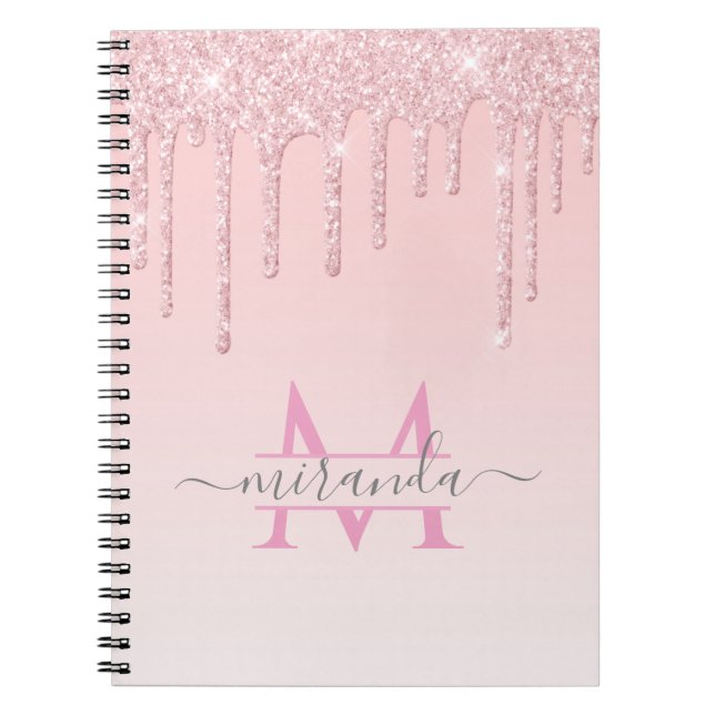 Caderno Espiral Glitter Dourado Girly Rosa Monograma Glitter (Frente)