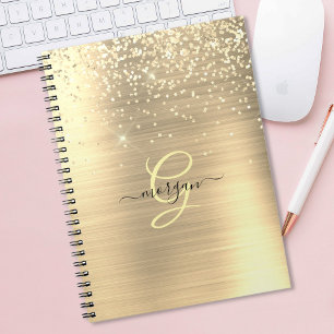 Caderno Espiral Glitter Dourado & Monograma, Nome em Letra de Form