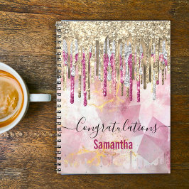 Caderno Espiral Glitter dourado rosa-chic goteja monograma