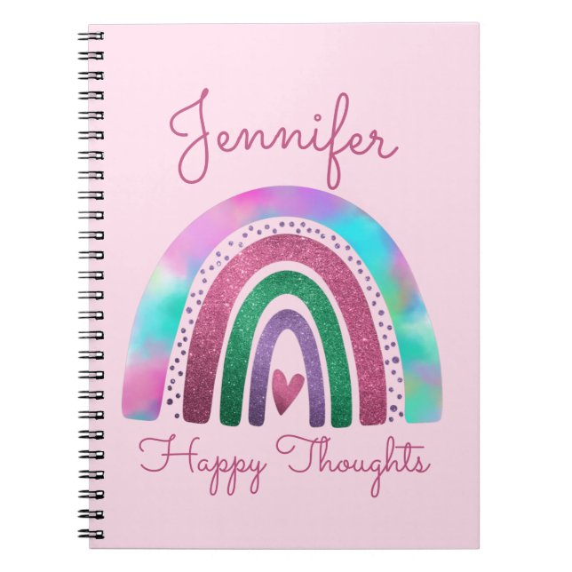 Caderno Espiral Glitter e Raparigas Cardíacas Rosa Arco-Íris Perso (Frente)