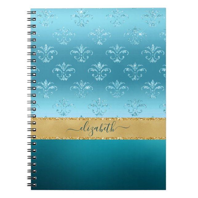Caderno Espiral Glitter Elegante Dourado Turquesa Personalizado (Frente)