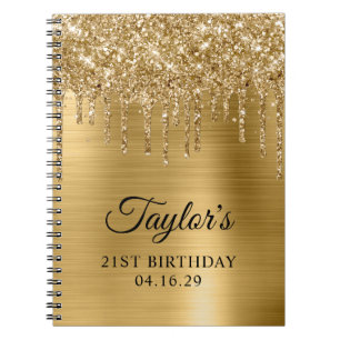 Caderno Espiral Glitter Glitter Dourado aniversário de 21 anos Met