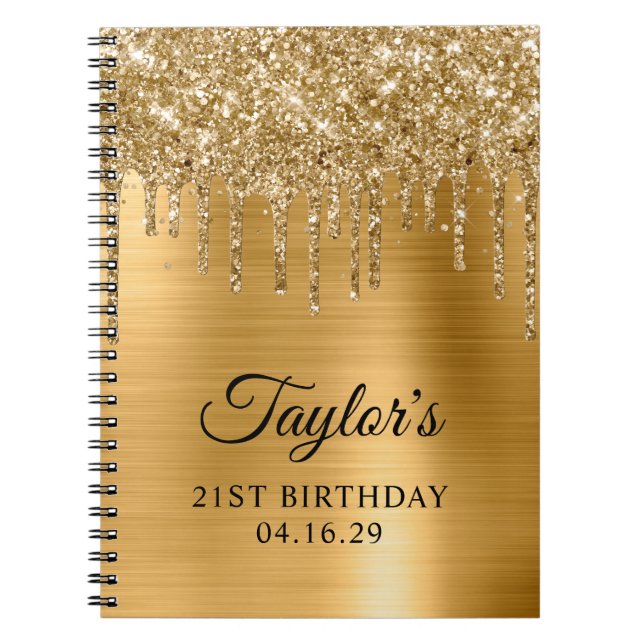 Caderno Espiral Glitter Glitter Dourado aniversário de 21 anos Met (Frente)