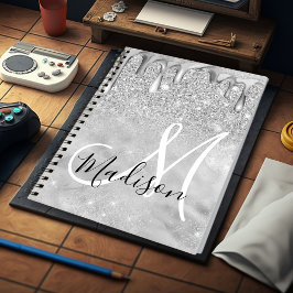 Caderno Espiral Glitter mágico prateado pinga monograma