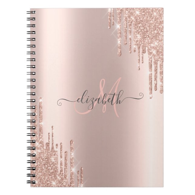 Caderno Espiral Glitter Moderno Coloca Rosa Monograma Dourado (Frente)