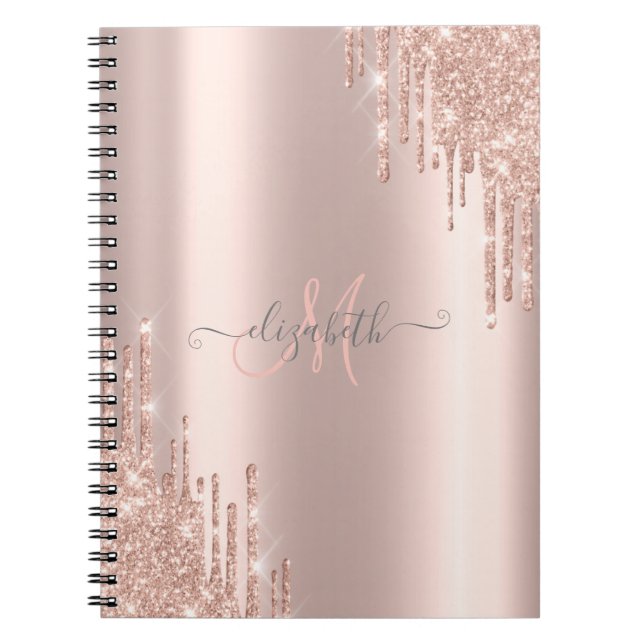 Caderno Espiral Glitter Moderno Coloca Rosa Monograma Dourado (Frente)