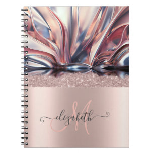 Caderno Espiral Glitter Moderno Dourado Rosa Monograma Abstrato