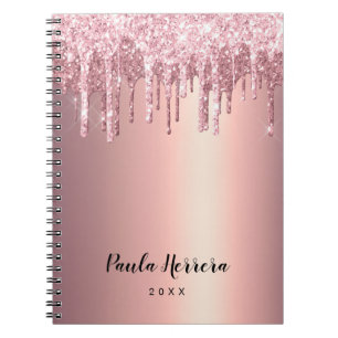 Caderno Espiral Glitter na moda de cobre, rosa de cobre, gotas de 