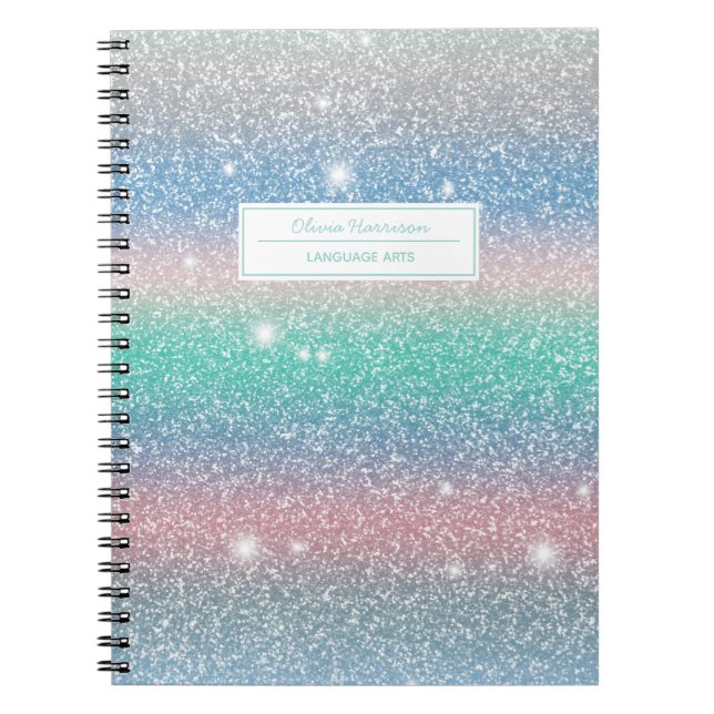 Caderno Espiral Glitter Ombre Nome e Assunto do Arco-Íris (Frente)