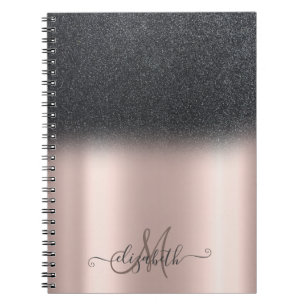 Caderno Espiral Glitter Ombre Preto Legal Monograma Dourado Rosa