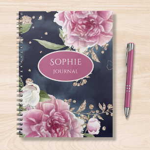 Caderno Espiral Glitter Personalizado, Cor de Água Rosa, Cinza Flo