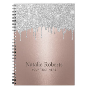 Caderno Espiral Glitter Prateado Dourado Rosa moderno reduz salão