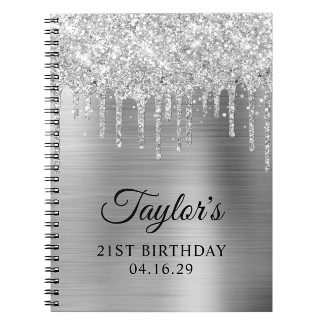 Caderno Espiral Glitter prateado gotas de aniversário de 21 anos m (Frente)