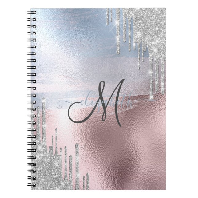 Caderno Espiral Glitter prateado gotas Rosa azul Dourado metálico (Frente)