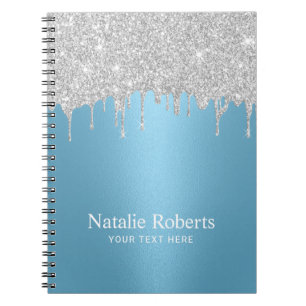 Caderno Espiral Glitter Prateado Moderno Coloca Azul Claro