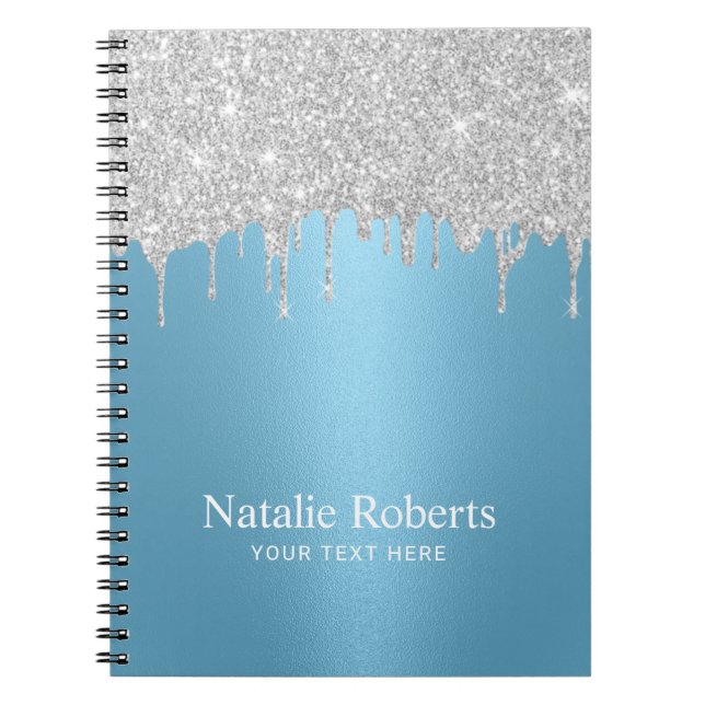 Caderno Espiral Glitter Prateado Moderno Coloca Azul Claro (Frente)