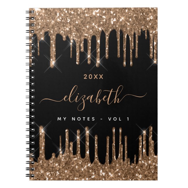 Caderno Espiral Glitter preto dourado goteja nome do monograma (Frente)