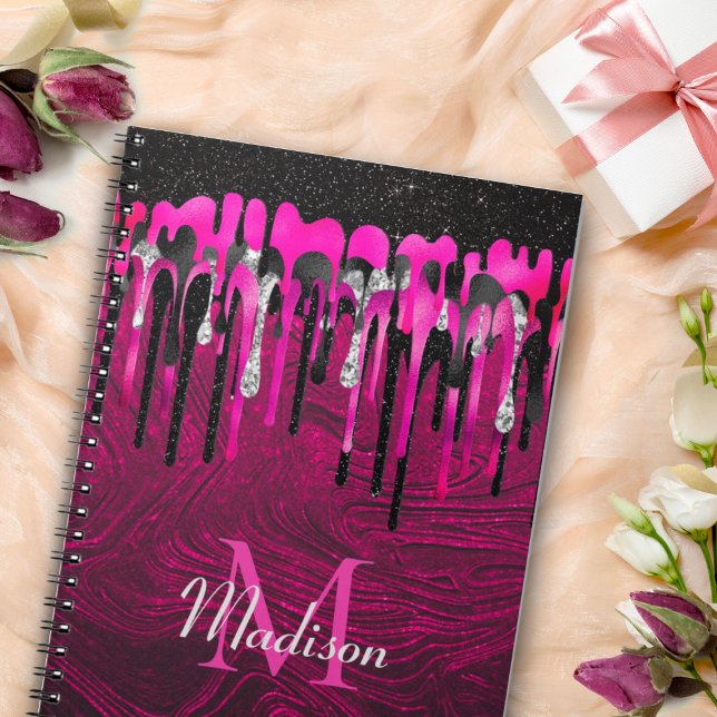 Caderno Espiral Glitter preto rosa quente quente pia pinga monogra (Criador carregado)