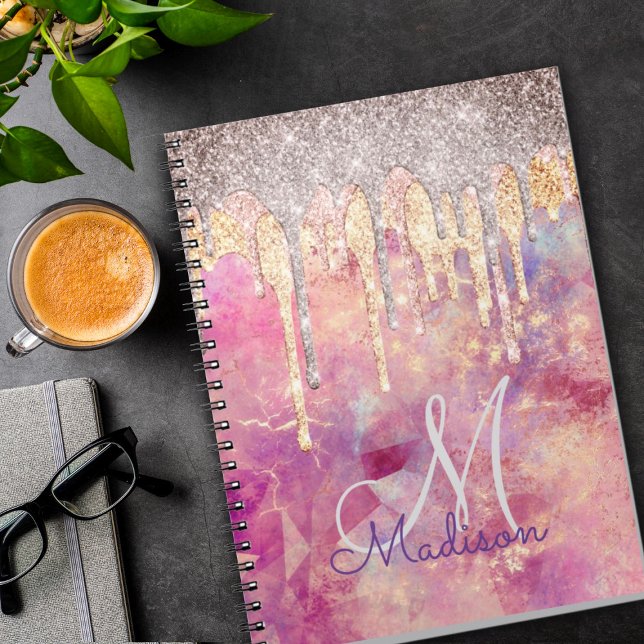 Caderno Espiral Glitter rosa rosado com rosa de microfone goteja m (Criador carregado)