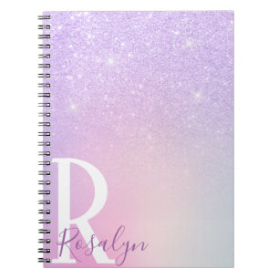Caderno Espiral Glitter roxo elegante de na moda com cinta