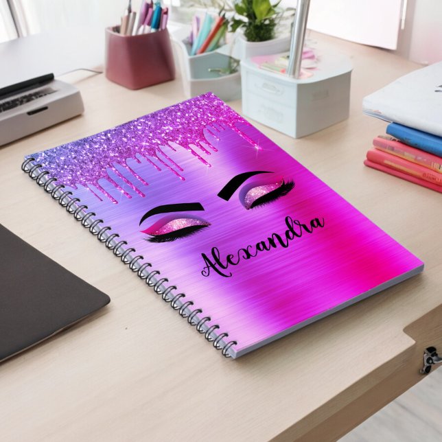Caderno Espiral Glitter Roxo Eyelashes Eyelashes Monograma (Criador carregado)