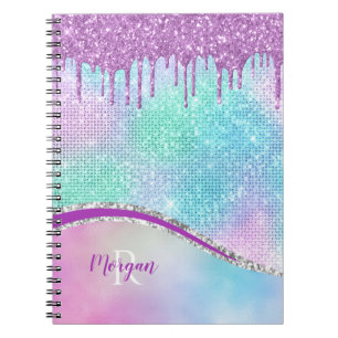 Caderno Espiral Glitter Roxo, Iridescente, Nome e Monograma