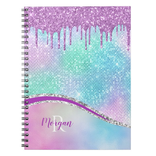 Caderno Espiral Glitter Roxo, Iridescente, Nome e Monograma (Frente)