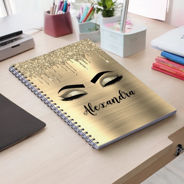 Caderno Espiral Glitter Sparkle Eyelashes Dourado Nome do Monogram (Criador carregado)