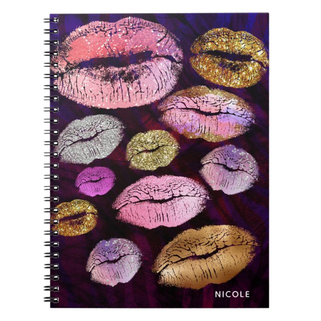 Caderno Espiral Glitter Sparkly Kiss Lábios Beleza Tendência de Ma (Frente)