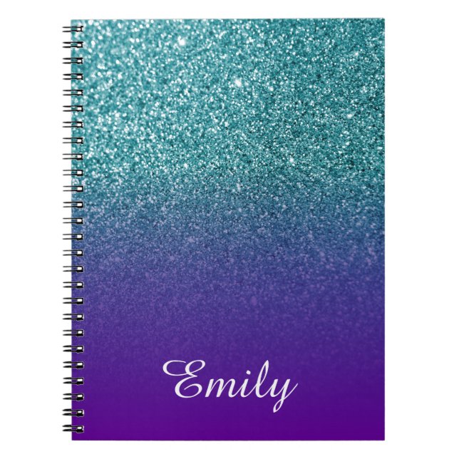 Caderno Espiral Glitter Teal e Ombre Roxo Personalizados (Frente)