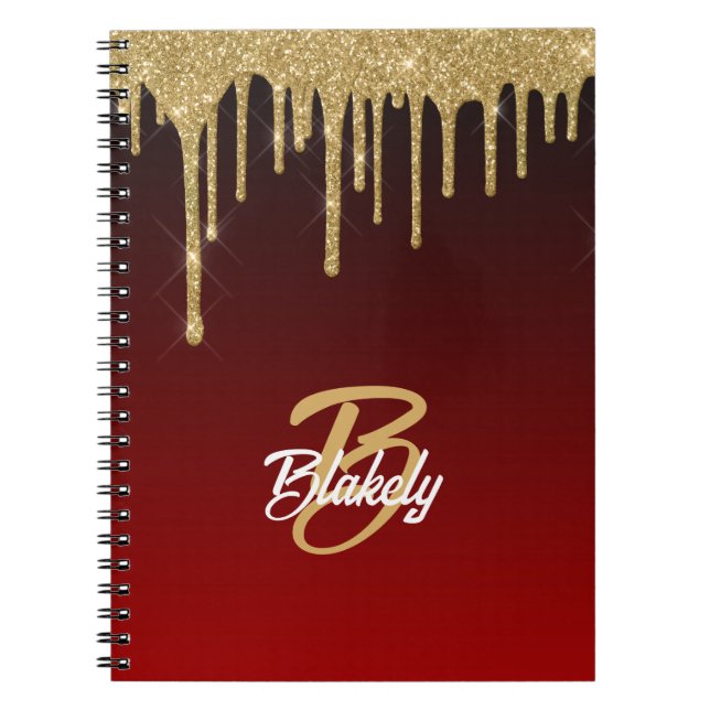 Caderno Espiral Glitter Vermelho Dourado Monograma Brilhante Girin (Frente)