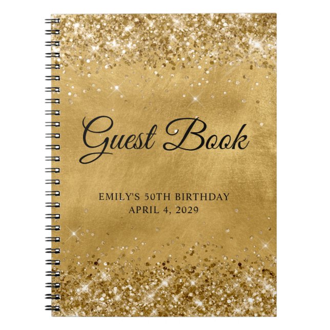 Caderno Espiral Glittery Dourado 50º Aniversário Guestbook (Frente)