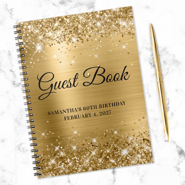 Caderno Espiral Glittery Gold Foil 60º Aniversário Guestbook (Criador carregado)