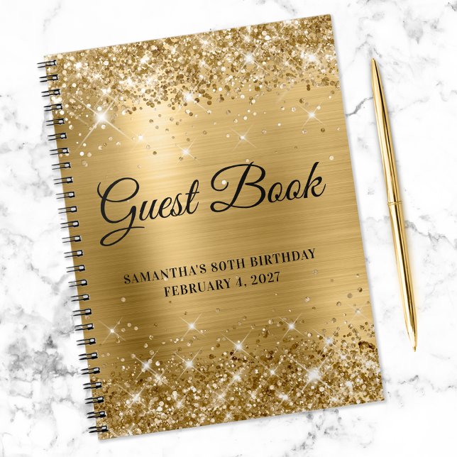 Caderno Espiral Glittery Gold Foil 80 Birthday Guestbook (Criador carregado)