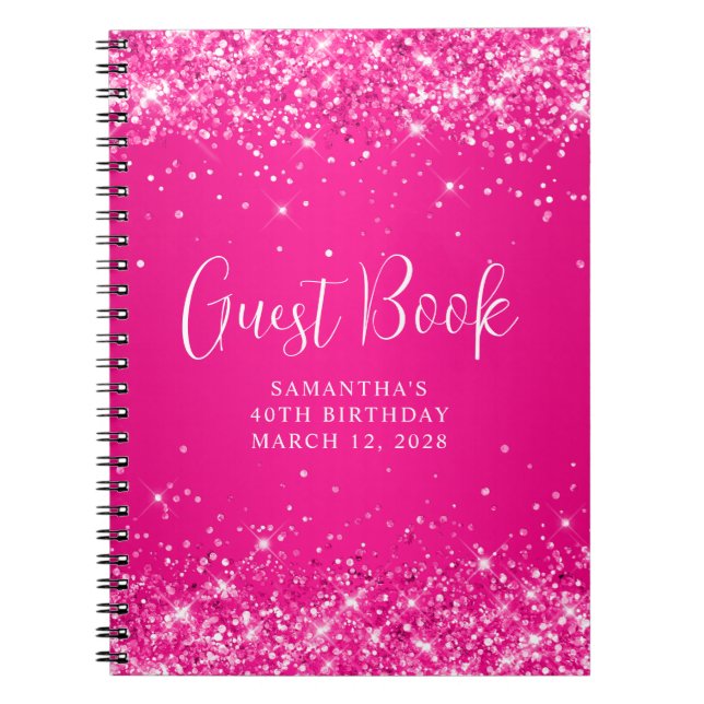 Caderno Espiral Glittery Hot Pink Ombre aniversário de 40 anos Gue (Frente)