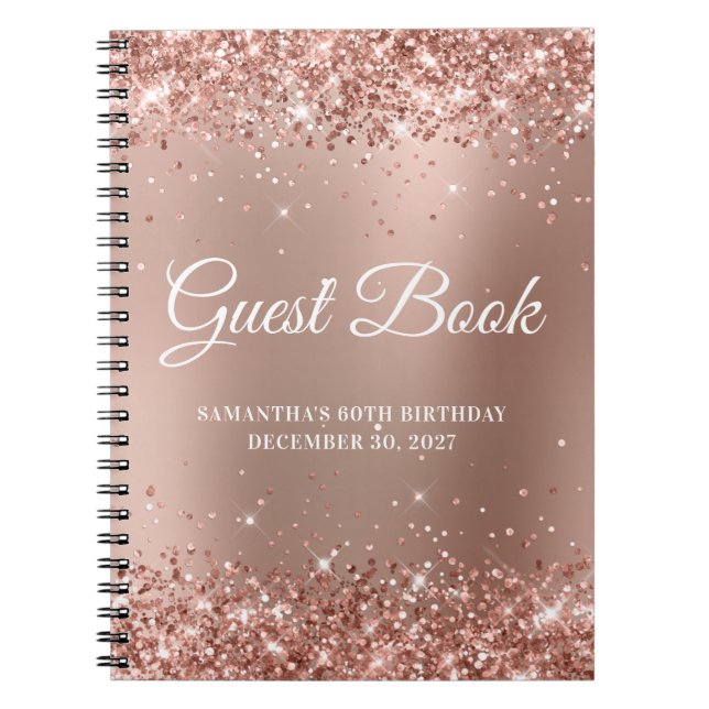 Caderno Espiral Glittery Rosa Dourado Ombre 60º Aniversário Guestb (Frente)