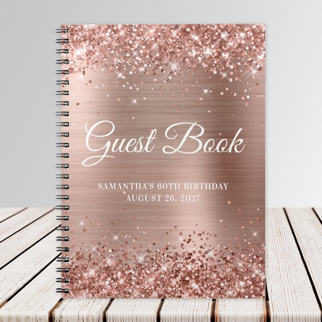 Caderno Espiral Glittery Rosa Gold Foil 60º Aniversário Guestbook (Criador carregado)