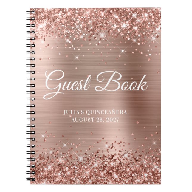 Caderno Espiral Glittery Rosa Gold Foil Quinceañera Guestbook (Frente)