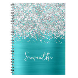 Caderno Espiral Glittery Silver Turquoise Blue Glam Nome do Script